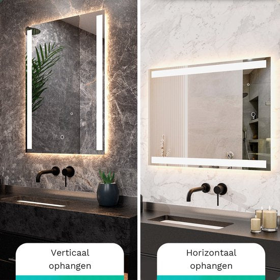 Mirlux Badezimmerspiegel mit LED-Beleuchtung & Heizung - Wandspiegel rechteckig- Anti-Kondensations-Duschspiegel - 90x65CM
