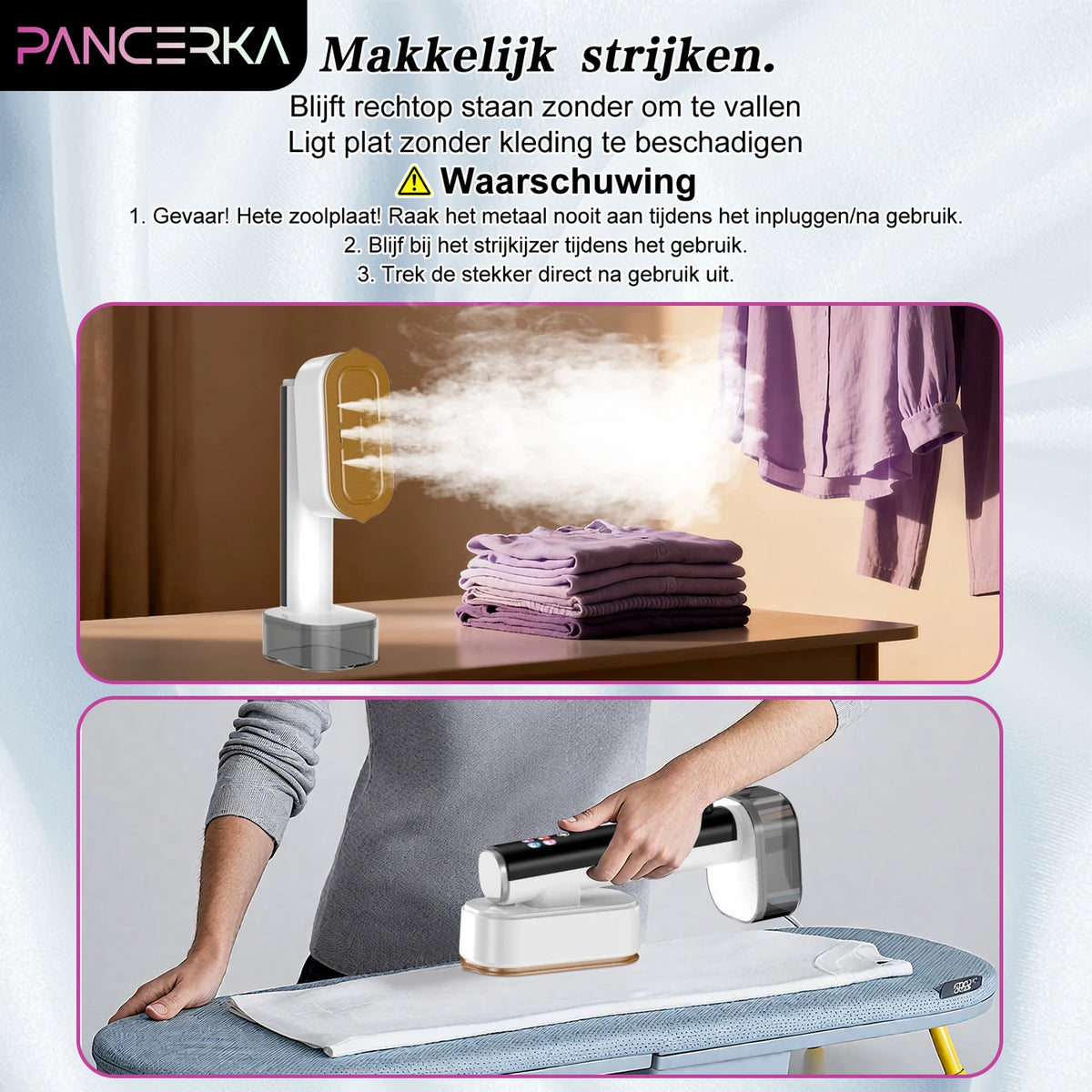 Pancerka 2-in-1-Kleiderdämpfer und Bügeleisen – In 18 Sekunden einsatzbereit – 5 Stufen mit digitaler Anzeige – Schwarz/Weiß