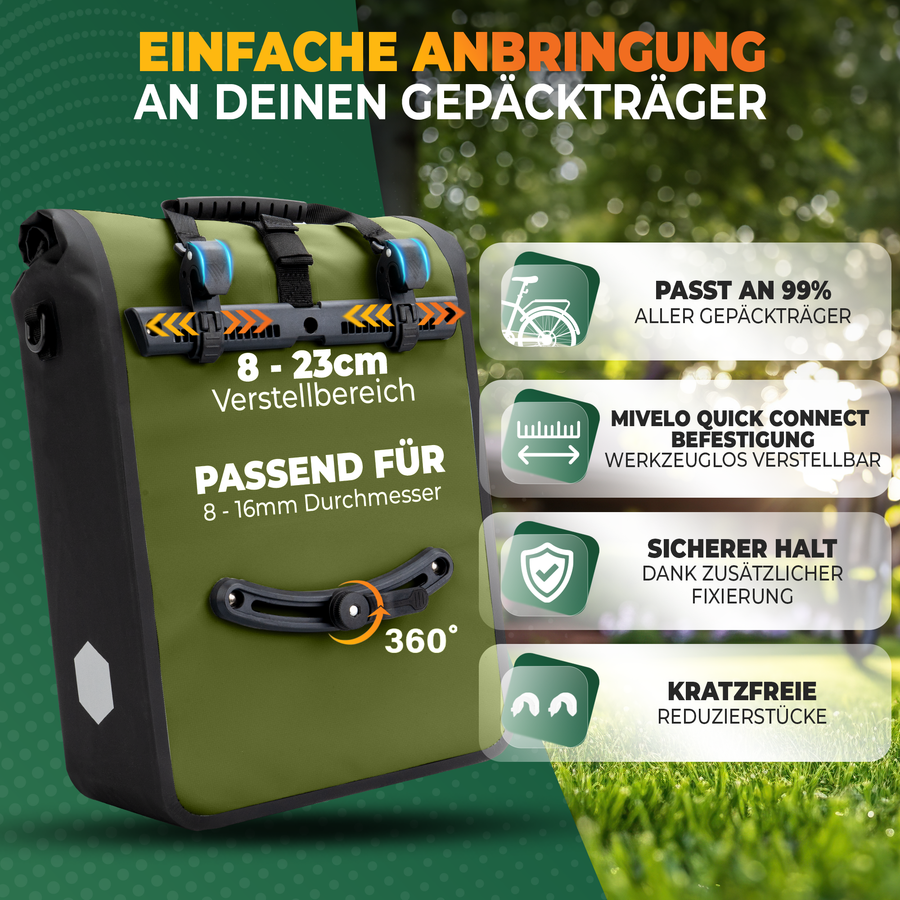 MiVelo Max - 2-in-1 wasserdichte Packtasche für Gepäckträger - Olivgrün - 25 L