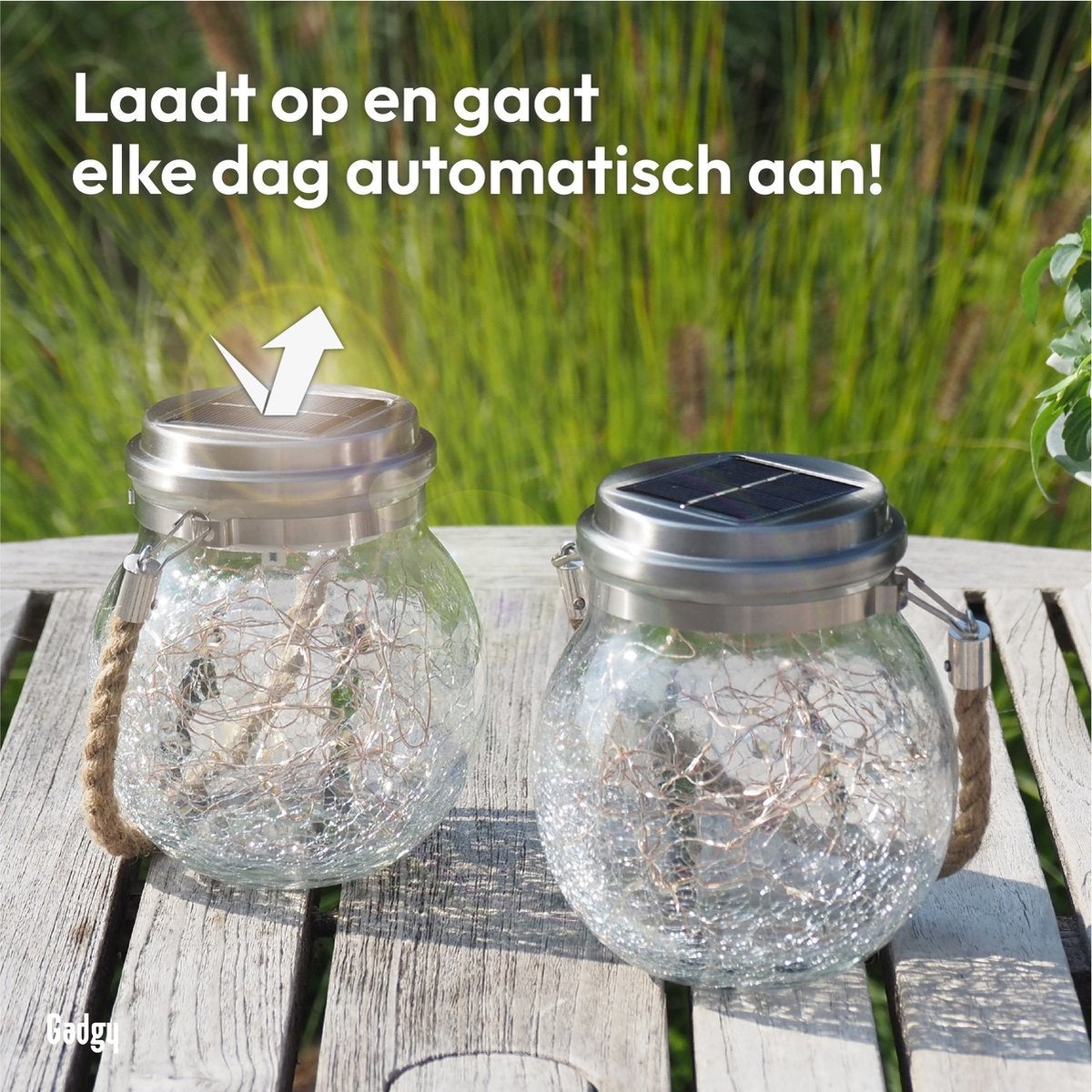 Gadgy Solar Laterne CraquelÃ© Glas mit 20 Lichterketten - 2er Set - Solar-Gartenleuchte - LED-Außenleuchte mit Tag/Nacht-Sensor - Tischleuchte / Hängelampe / Gartenlaterne - 13,5 x Ã˜12 cm