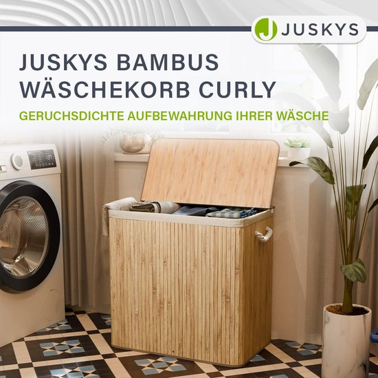 Juskys Bambus-Wäschekorb Curly Natural 150L - Hygienischer Wäschekorb mit Deckel, Tragegriff & Wäschesack - 3 Fächer - Natürliche Bambusoptik