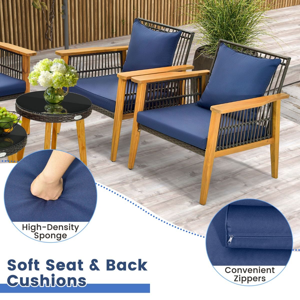 Coast 5-teiliges Rattan-Möbel-Set für den Außenbereich Braun mit marineblauen Kissen - 2 Stühle, Loveseat und 2 Couchtische (Stuhl 75x76x80 cm, Loveseat 132x76x80 cm, Tisch Ø48 cm & 60x38 cm)