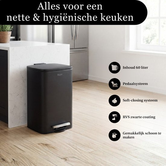 Bayt Mülleimer - Mülleimer 60 Liter - Treteimer 60 Liter - Mülleimer 60 Liter - Abfalleimer - Edelstahl - Schwarz