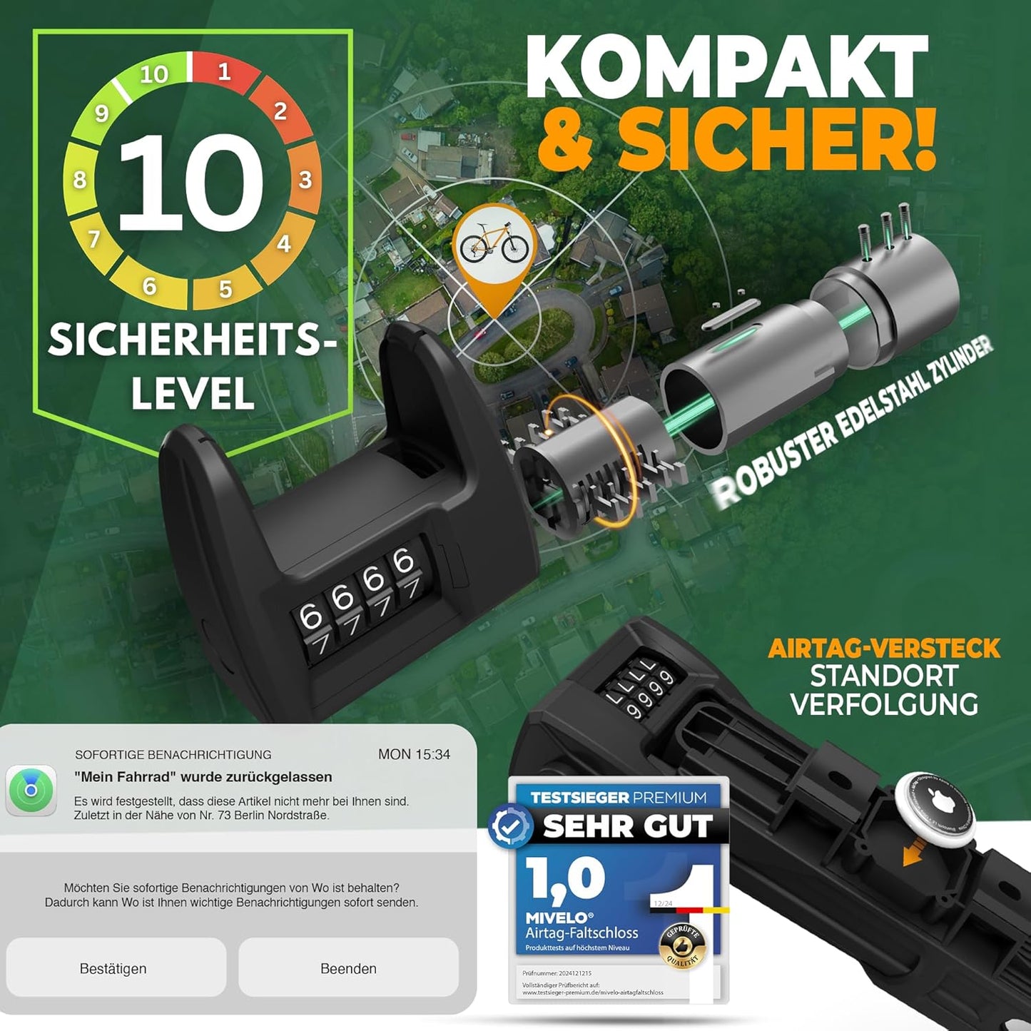 MIVELO Fahrradschloss - faltbar - mit Geheimfach für AirTags - 90 cm lang - robuster Stahl - 19,5 x 7 x 4 cm