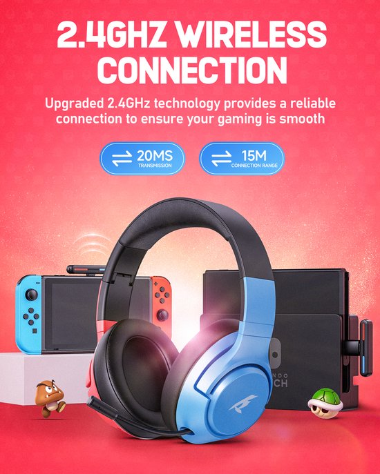 Kofire × CINPUSEN CG-01 – Kabelloses Gaming-Headset – Over-Ear-Kopfhörer – Mit Mikrofon – PC/PS4/PS5/Nintendo Switch – Blau-Rot