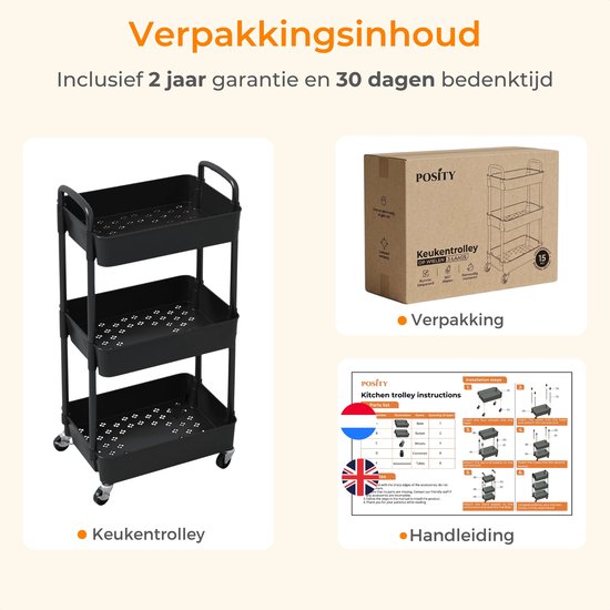 Posity Küchenwagen auf Rädern - Servierwagen / Aufbewahrungswagen / Küchenregal / Trolley Küche - Mobil und fest - 3 Schichten - Kunststoff - Schwarz