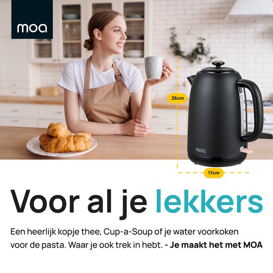 MOA Wasserkocher 1,8 Liter - Elektrischer Wasserkocher - Mit Kalkfilter und Anti-Rutsch - 2200W - Schwarz