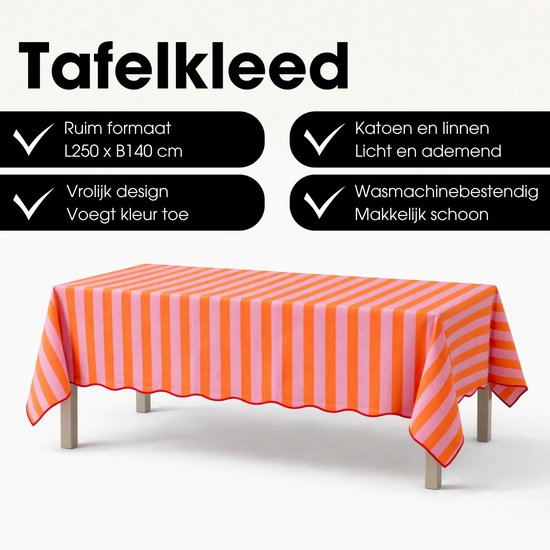 Mica Decorations Gestreifte Tischdecke für den Esstisch – Tischdecke für drinnen und draußen, 250 x 140 cm – Tischdecke aus 100 % Baumwolle – Orange, Rosa