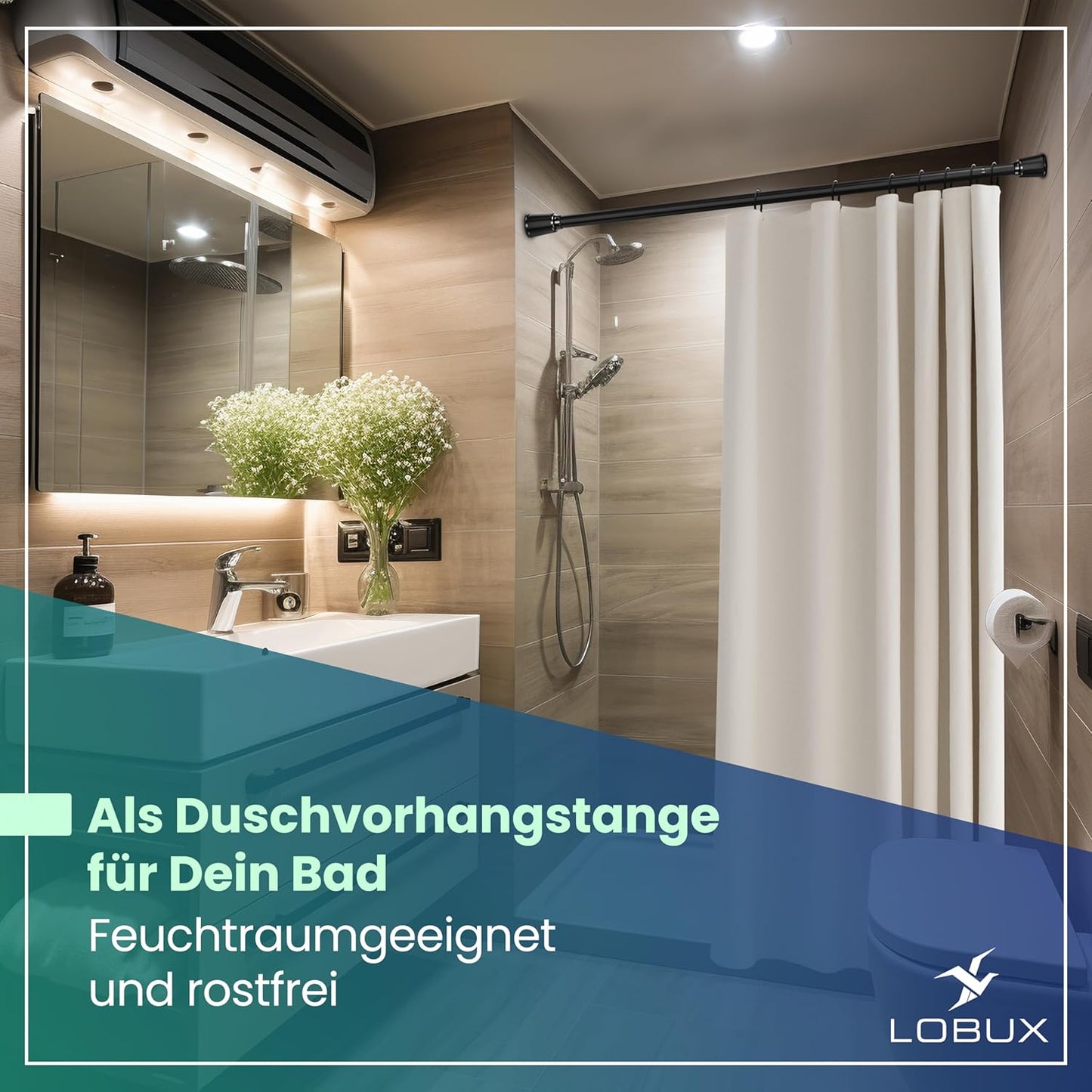 LOBUX® - Gardinenstange ohne Bohren [schwarz, 260-350cm] - Teleskopstange Gardinenverlängerung - Duschstange ohne Bohren - Gardinenstange, Duschvorhangstange, Kleiderstange, Klemmstange Katzennetz