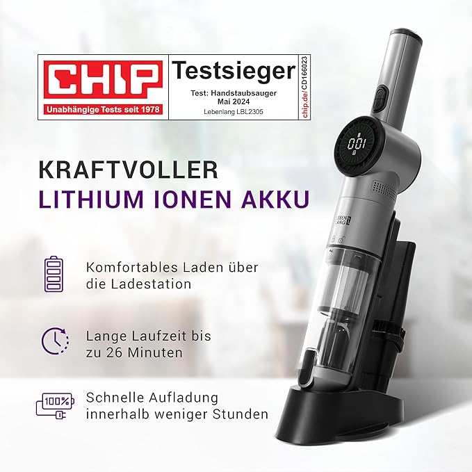 LEBENLANG Staubsauger - Kabellos - 17000PA - 135W - Starker Lithium-Akku - Inklusive Ladestation - Grau