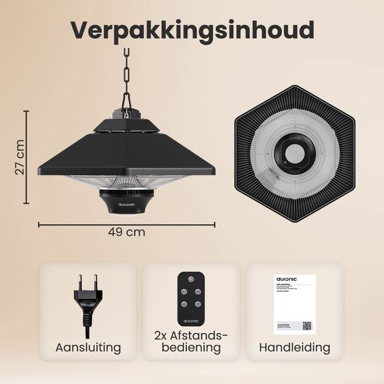 Auronic Terrassenstrahler - Infrarotheizung - Hängend - 20m2 - Elektrisch - 2000W - Fernbedienung - 3 Stufen - Schwarz