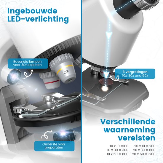 ODESSEY - Mikroskop - mit Werkzeugsatz - 1200X Vergrößerung - Kinder - Weiß