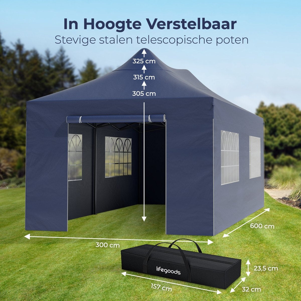 LifeGoods Partyzelt - 3x6 m - Seitenwände - Easy Up - Dunkelblau