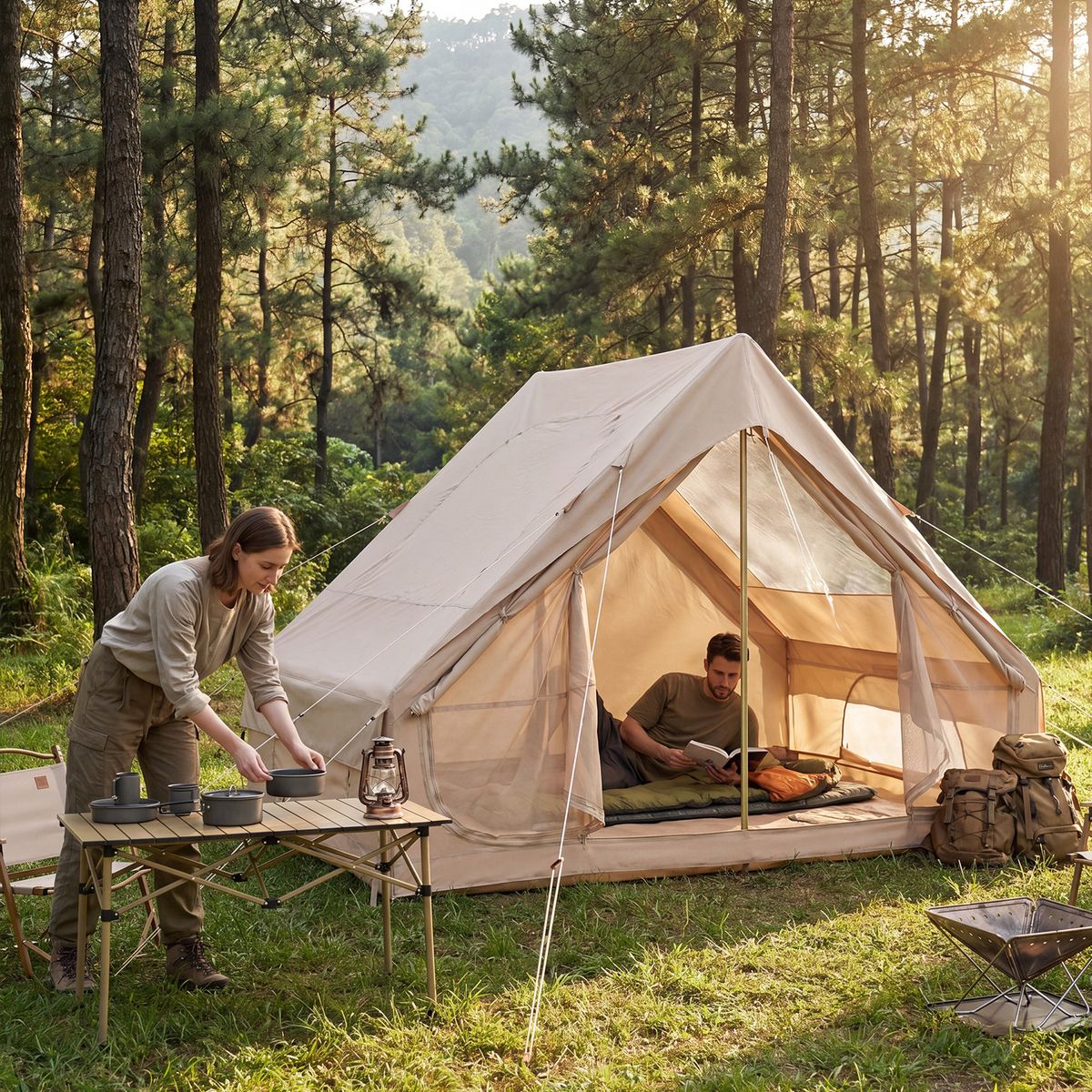 Coast aufblasbares Campingzelt – 4 Personen – 2 Türen und Dachfenster – khaki – 295 x 205 x 200 cm