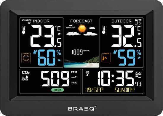 BRASQ Kabellose Wetterstation für Innen und Außen mit CO2-Messer - Hygrometer - Mit Außensensor bis zu 60 Meter - Luftfeuchtigkeitsmesser - Thermometer - Barometer - inklusive Batterien