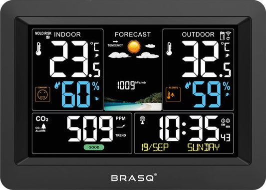 BRASQ Kabellose Wetterstation für Innen und Außen mit CO2-Messer - Hygrometer - Mit Außensensor bis zu 60 Meter - Luftfeuchtigkeitsmesser - Thermometer - Barometer - inklusive Batterien
