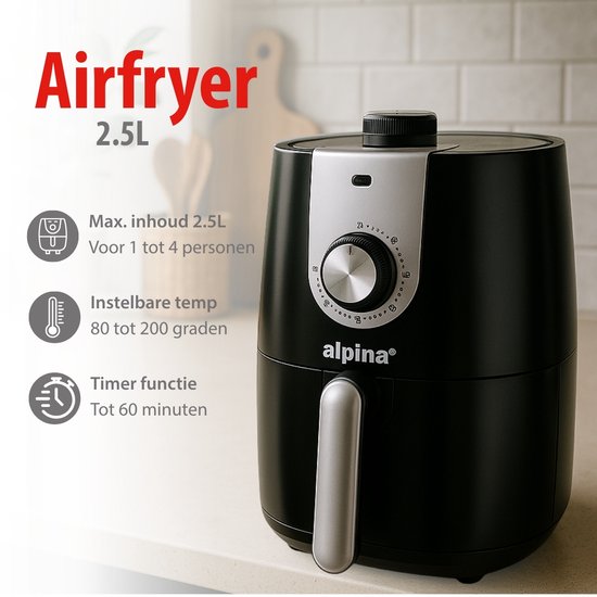 alpina Airfryer 2L – Heißluftfritteuse für 1–4 Personen – Airfryer mit Timer – Einstellbare Temperatur von 80 bis 200 Grad – mit Timer-Funktion – Heißluftofen 900 W