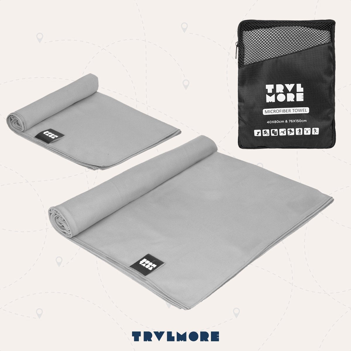TRVLMORE Mikrofaser-Reisehandtuch-Set - 2 Stück - Klein (40 x 80 cm) & Groß (76 x 150 cm) - Mikrofaser - Grau