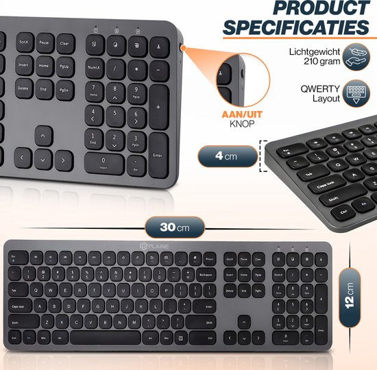 Ergonomische Tastatur - Kabellose Tastatur - Schnurlose Tastatur - USB-C & USB - Leise Tasten - Schwarz/Anthrazit - Geeignet für Windows & Mac