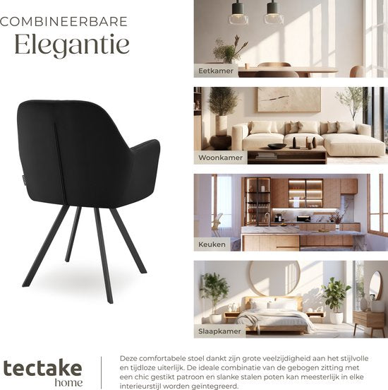 tectake - Drehstuhl in Samtoptik - Esszimmerstuhl mit Armlehnen - Ergonomischer Sitz und Rückenlehne - 180-Grad-Drehung - Moderner Stuhl mit Stahlbeinen - Verschiedene Farben - Schwarz