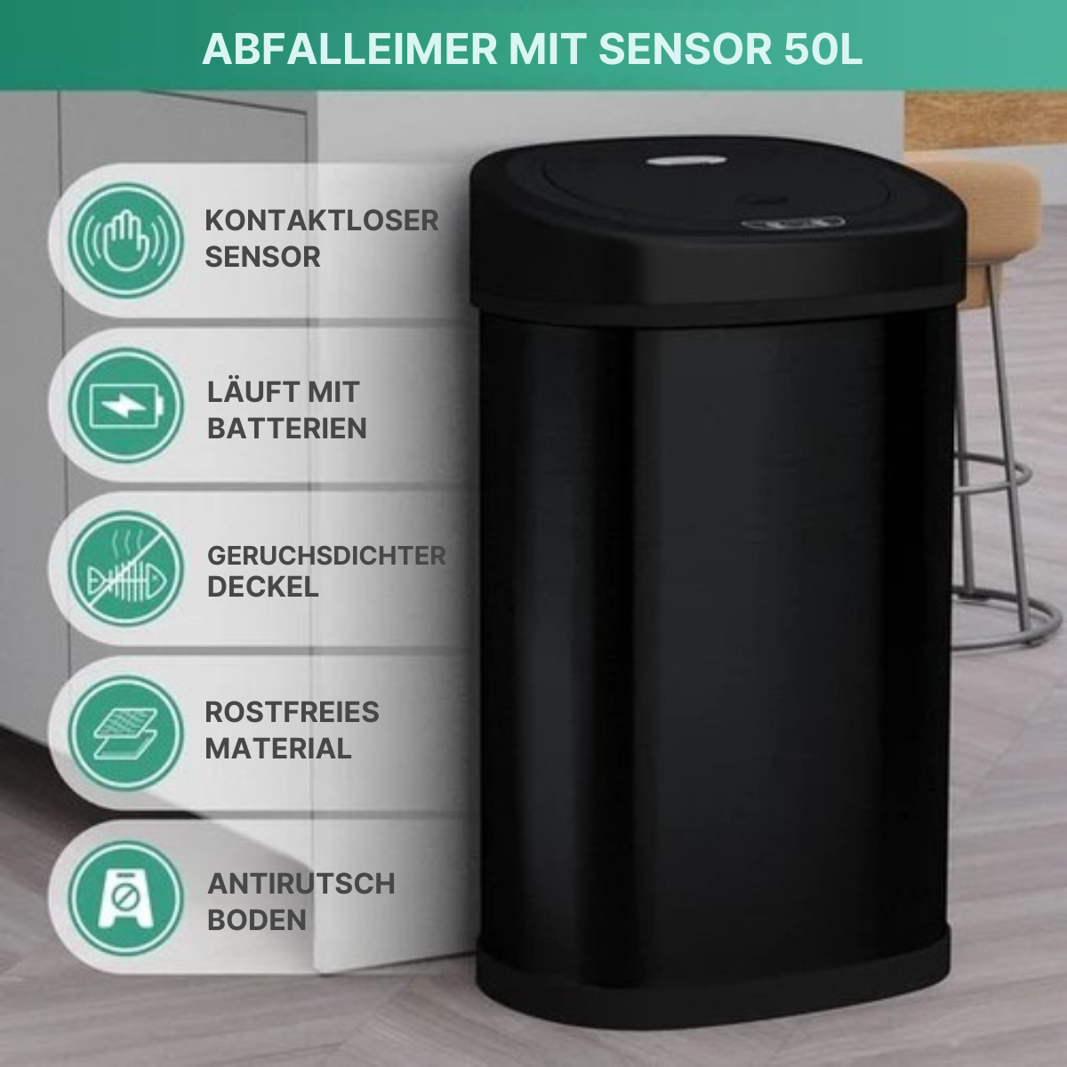 Avalo - Abfalleimer mit Sensor 50L - Edelstahl - Soft Close/ Fingerabdrucksicher/ Hygienisch - Schwarz