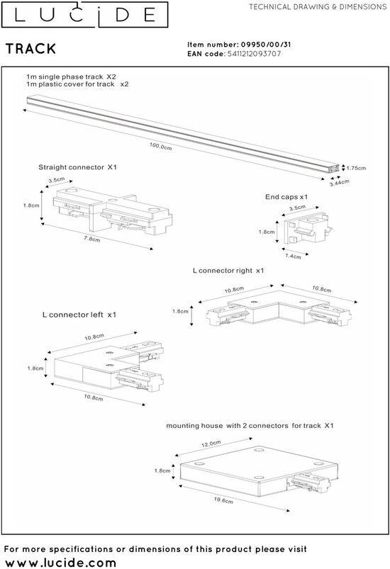 Lucide TRACK Starterset – 1-Phasen-Schienensystem / Schienenbeleuchtung – 2 Meter – Weiß