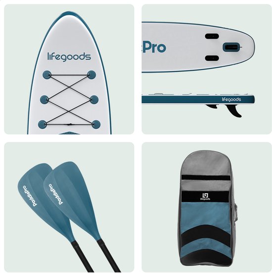 LifeGoods PaddlePro SUP Board - mit Sitz - Aufblasbares Paddle Board - Komplettset - Max. 135KG - 320x81cm - Weiß/Tief Aqua