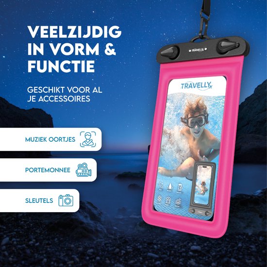 Travelly® Wasserdichte Handytasche 2er-Set - Universelle Unterwassertasche für Smartphone - Geeignet für alle Handys - Drybag - Für Urlaub, Schwimmen & Wassersport - Schwarz/Pink