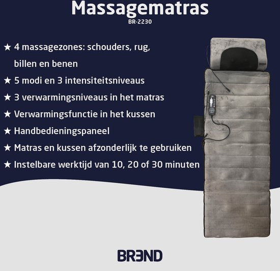 BREND - Elektrische Massagematratze und Kissen - BR-2230 - 5 Vibrationsmodi - 3 Intensitäten - 170 x 55 CM - Grau
