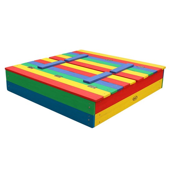 AXI Ella Holzsandkasten in Regenbogenfarben – Mit Sitzbänken und Deckel – FSC-Holz – 100 x 95 x 20 cm – Sandkasten für Kinder