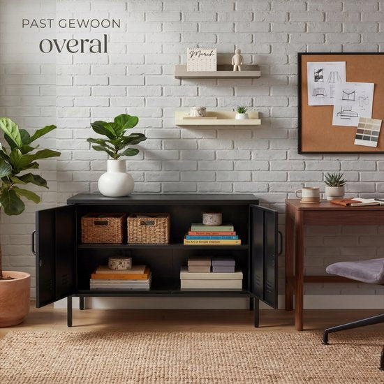 tectake® Stahl-Sideboard – TV-Möbel – 100 x 42,5 x 65 cm – Kommode – Verstellbare Einlegeböden – 2 Türen mit Magnetverschluss – Lowboard – Metallschrank – Schwarz