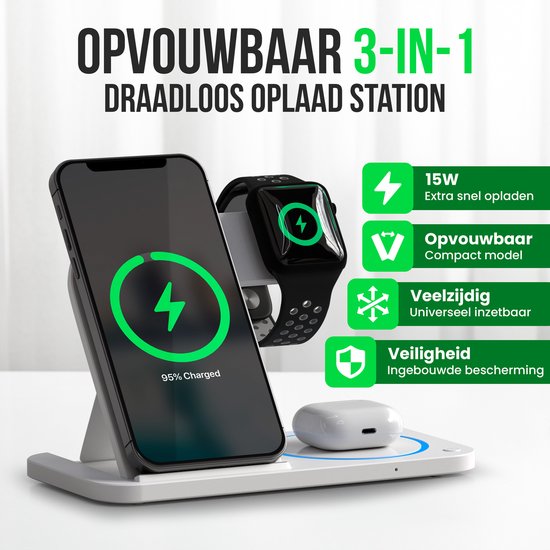 Strex 3-in-1 Wireless Charger - Ladestation - 15W Schnellladegerät - faltbar - geeignet für iOS & Android, Apple Watch, AirPods und Wireless Earphones - Weiß