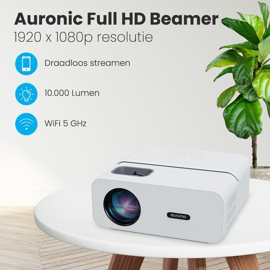 Auronic - Beamer - 10.000 Lumen - WiFi - 170-Zoll - Full HD - Fernbedienung & Tragetasche - Weiß