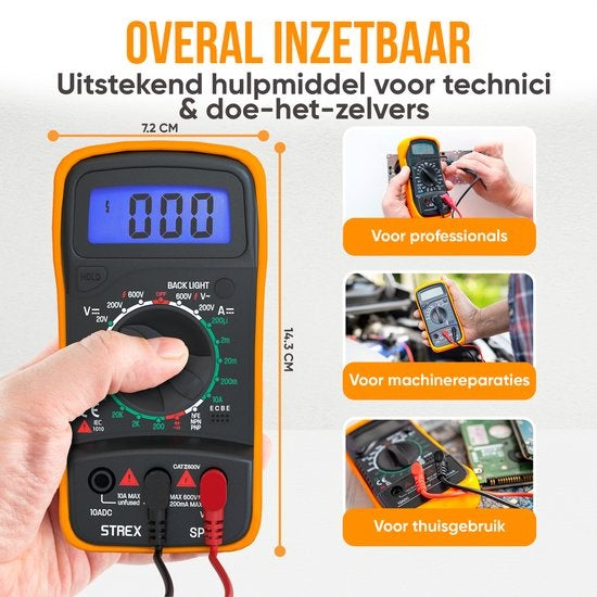 Strex - Digital-Multimeter - AC / DC - inkl. 9V Duracell-Batterie/ Zange & Aufbewahrungskoffer - Schwarz/Orange