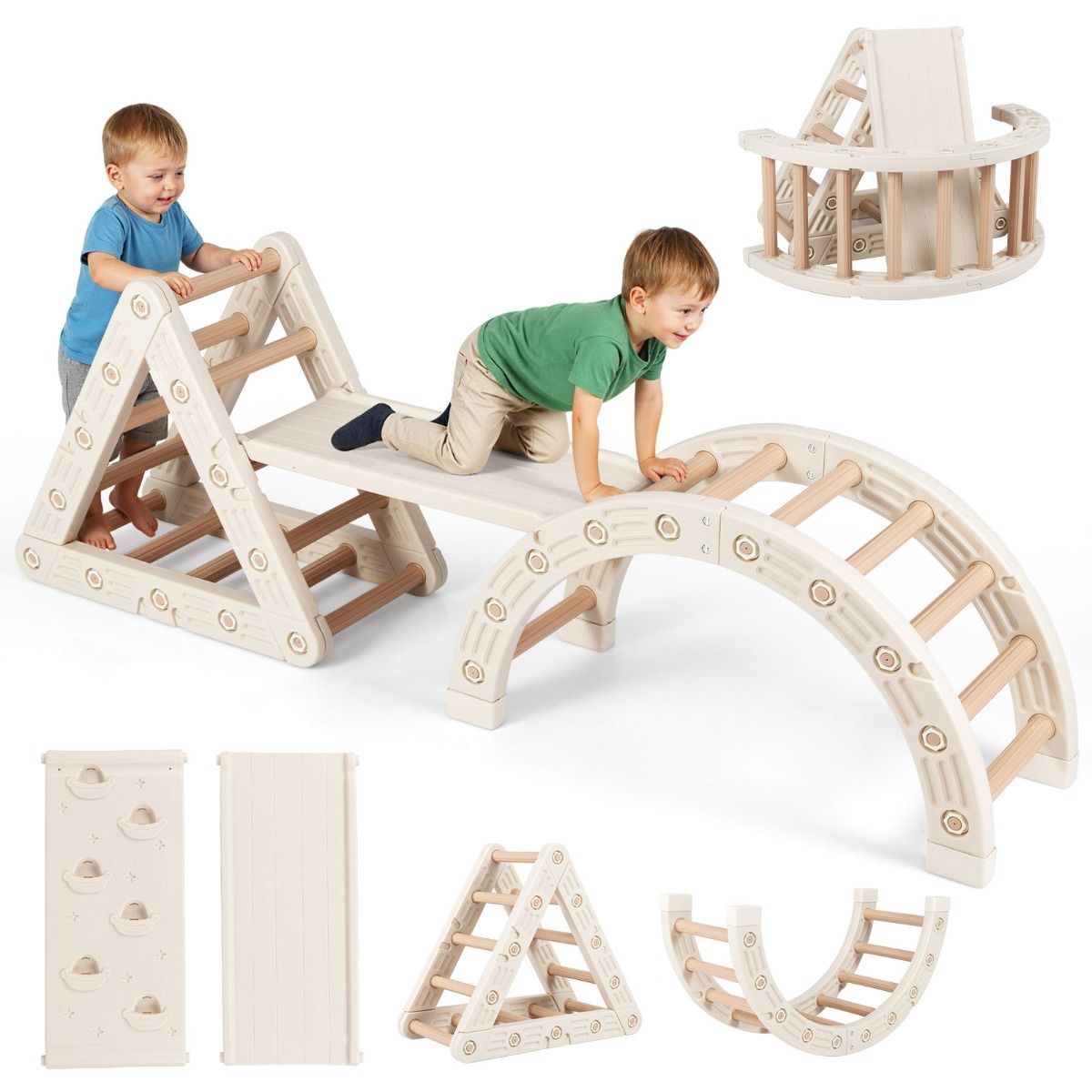 Coast Montessori Klettergerüst für Kinder – 5-in-1-Klettergerüst aus Holz mit Bogen und doppelseitiger Leiter – beige und kaffeefarben