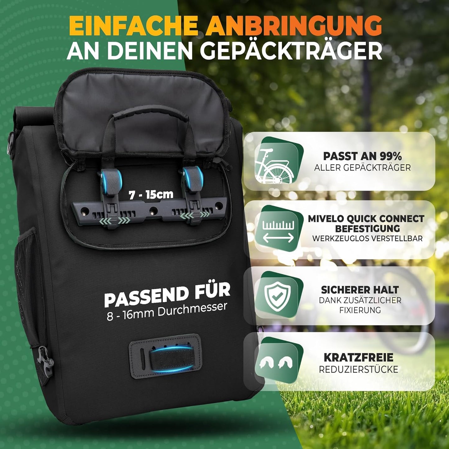 MIVELO - 3-in-1 wasserdichte Fahrradtasche - Rucksack und Umhängetasche - inkl. Laptopfach - 20L - Schwarz