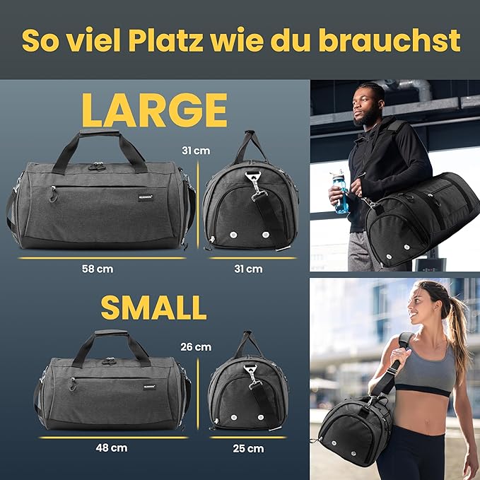 Herowerk Sporttasche mit Schuhfach und Nassfach, Trainingstasche für Damen und Herren, ideal als Reisetasche, Fitnesstasche, Trainingstasche oder Sporttasche, grau, Sporttasche mit Schultergurt
