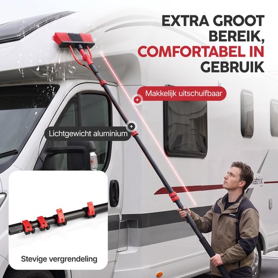 Infinity Goods Teleskop-Fensterreinigungsbürste 7,5 m – Fensterwischer – Fensterwischer – Seifenspender – Wasserdurchlauf – Schwarz/Rot