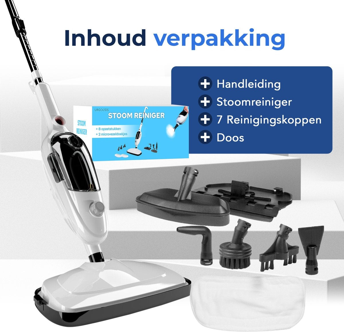 URGOODS - Hochdruck 2-in-1 Dampfreiniger & Händetrockner - Weißer Kunststoff - Inklusive 8 Aufsätze & 2 Mikrofasertücher - Für Boden & Sofa - Multifunktional & Hygienisch
