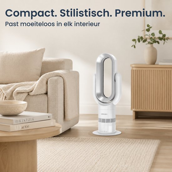 Aironex Swing kabelloser Ventilator mit Heizfunktion – Heizventilator – 2-in-1: Kühlen & Heizen – 10 Stufen – 71° Schwenkbereich – Fernbedienung – Weiß