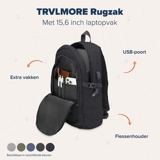 TRVLMORE Rucksack - 25L - 15.6 Zoll - Laptop-Rucksack - Schultasche - Unisex - Spritzwassergeschützt Schwarz