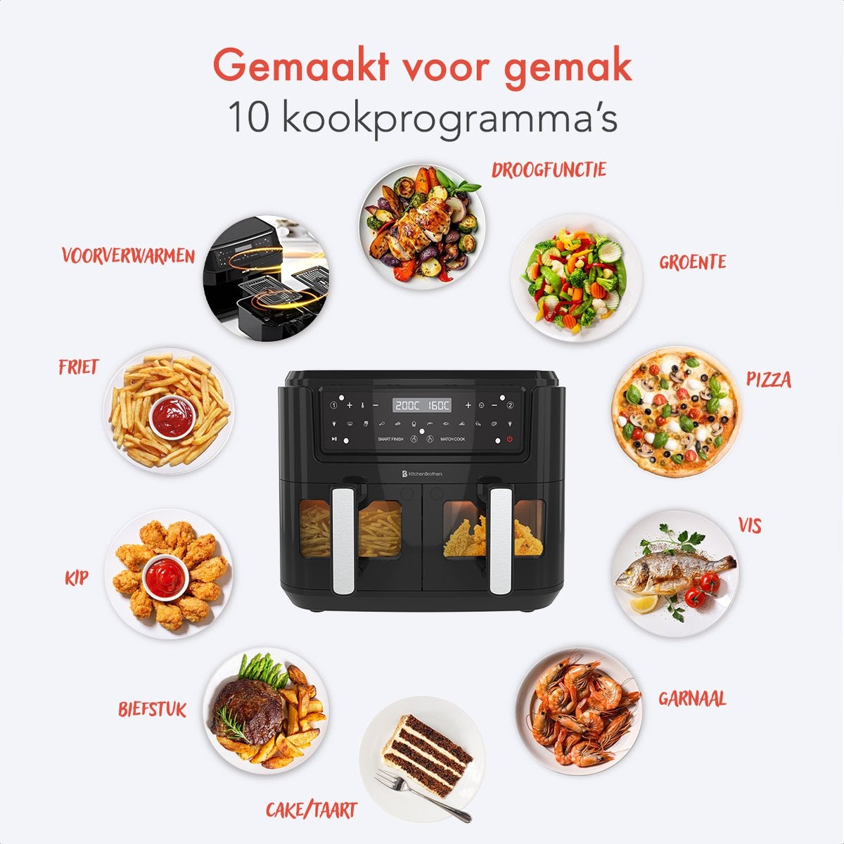 KitchenBrothers - Airfryer XXL - 9L - Heißluftfritteuse - 2 x 4.5L - 2400W - Schwarz