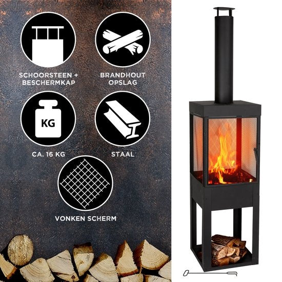 BBQ Collection Außenkamin – Außenofen mit Schornstein – 194 cm – Stahl – Schwarz