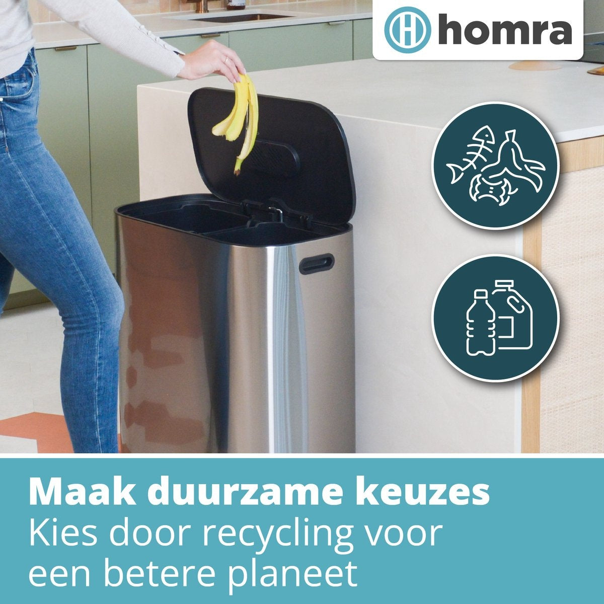 Doppelmülleimer 2x30L Homra Rockx - Duo-Treteimer 60L mit Geruchsfilter - Edelstahl Mülltrennung Mülleimer 2 Fächer - Recycling Mülleimer - Mülleimer Küchenabfalltrennung - Abfalleimer - Edelstahl matt