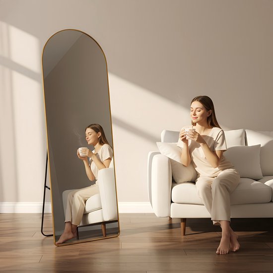 Fraay Pass Mirror 160x55cm - Stehend & hängend - Minimalistischer Wandspiegel - Stehspiegel - Gebürstetes Gold