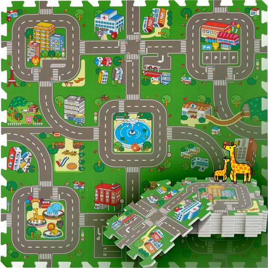 tectake® - Spielmatte - Schaumstoffspielmatte - Spielmatte Baby - Stadt und Straßen - 90 x 90 cm - 9-teilige Puzzlematte - Rutschfest - Geräuschabsorbierend und feuchtigkeitsbeständig