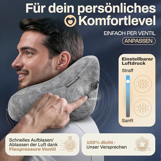 HELDENWERK Premium-Reisekissen mit Kapuze – Aufblasbares Nacken- und Kopfkissen – 5 Schlafpositionen – Inklusive Ohrstöpsel und Aufbewahrungstasche