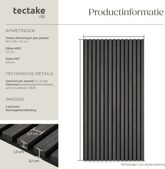 tectake® Akustikplatten – 2er-Set – Akustik-Wandplatte – 60 x 120 cm – 1,44 m² – Wandpaneele mit anpassbarer Größe – Lattenwand aus MDF und Holzfurnier – Schalldämmung – Stilvolle Wanddekoration – Einfache Montage – Schwarze Eiche