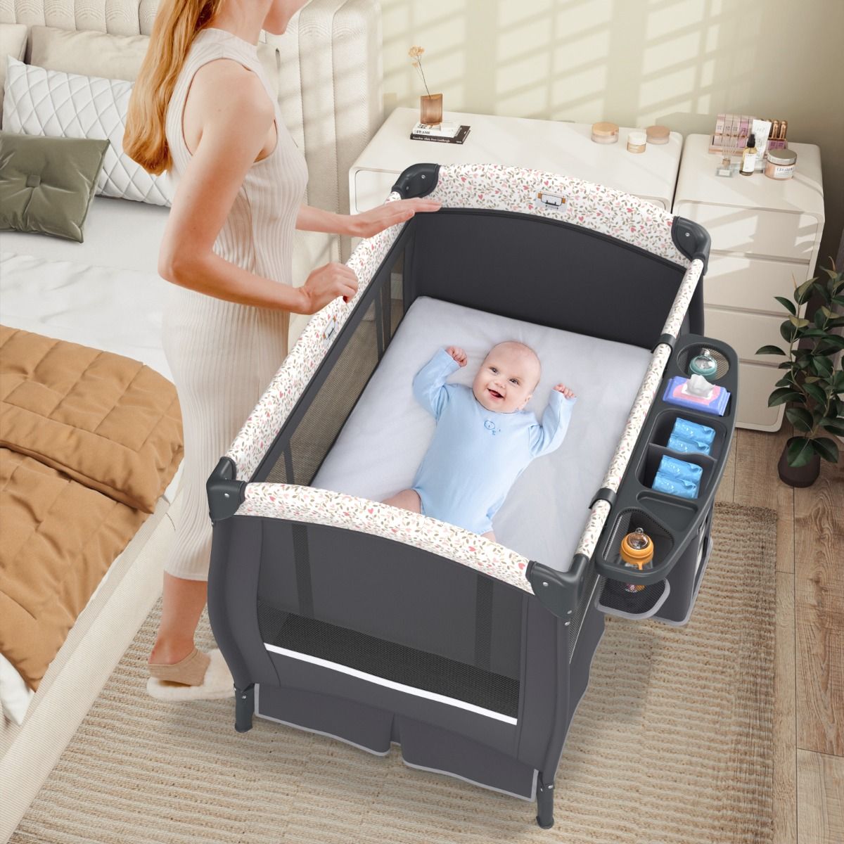 Coast 4-in-1 tragbares Babybett – mit Wickeltisch und Spieluhr – verstellbares Verdeck – grau 102 x 72 x 82 cm