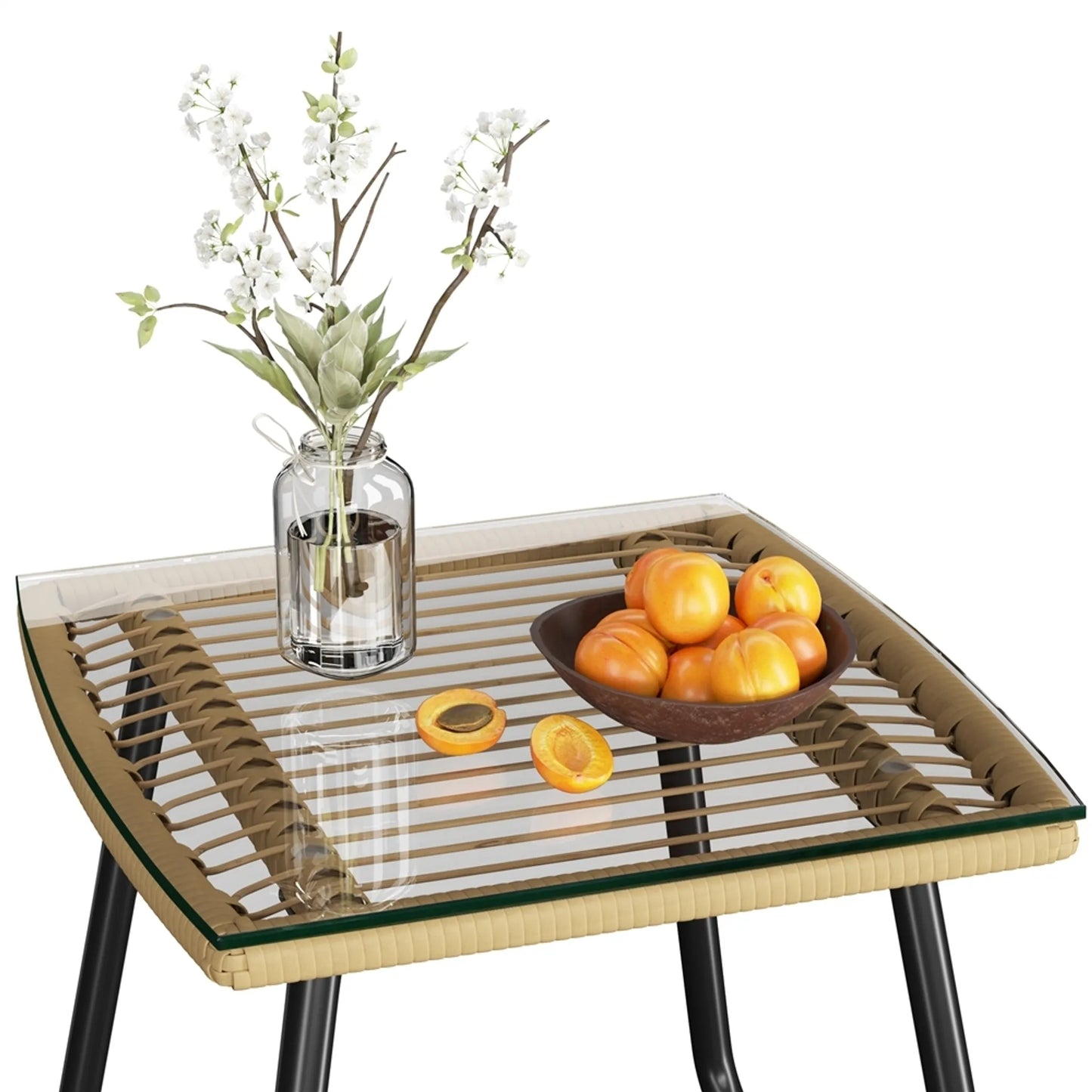 Yaheetech Bistro Set Garten Set 3-tlg. - 61 x 65 x 76 cm - Mit handgeflochtenem PE-Rattan und Glastischplatte sowie Sitz und Dekokissen - Für Balkon und Terrasse - Hellbraun und Metall